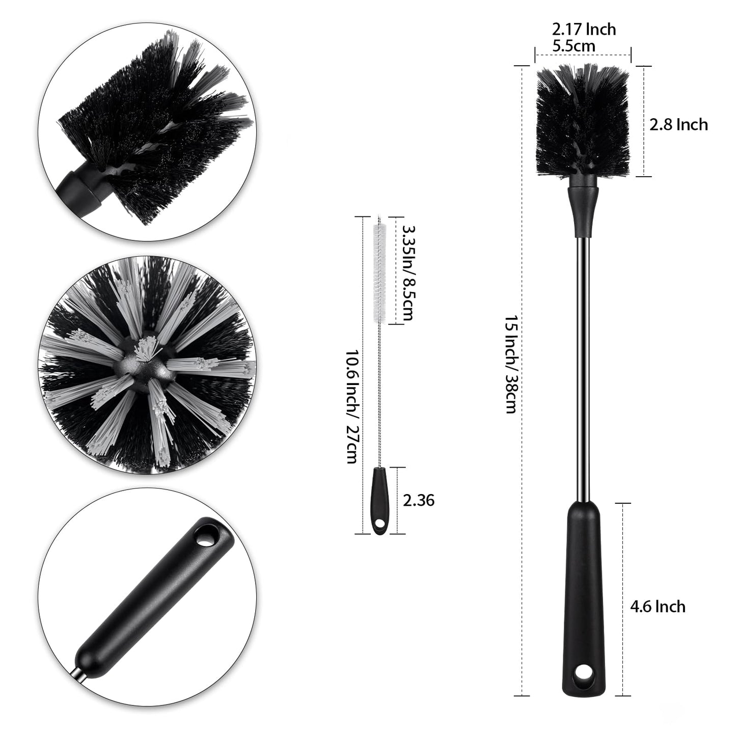 4 Pack Water Bottle Brushes with Straw Cleaner, Stainless Steel Handle Baby Bottle Brush Cleaner, Kitchen Scrub Cleaning Brushes for Cup, Wine Glasses, Coffee Mugs, Tumblers, Wine Decanters, Black