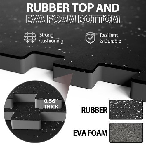 MaxRep 0.56 Inch 12 Pcs 48 Sq Ft Gym Flooring for Home Gym, Exercise Equipment Mats with EVA Foam and Rubber Top, Interlocking Puzzle Rubber Gym Flooring, Protective Flooring Mat