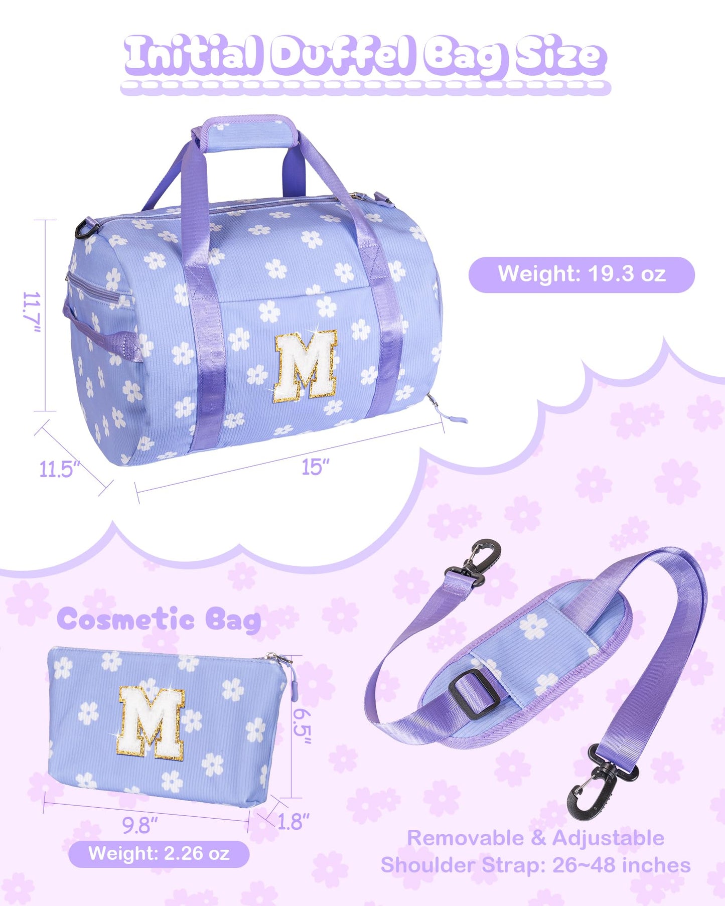 Vogewood Holiday Gift for Toddler, Girls Gym Bag, Kids Personalized Dance Bags with Shoe Compartment, Customized Travel Duffle with Toiletry Bag, Teen Girl Gifts Trendy Stuff (Letter I)