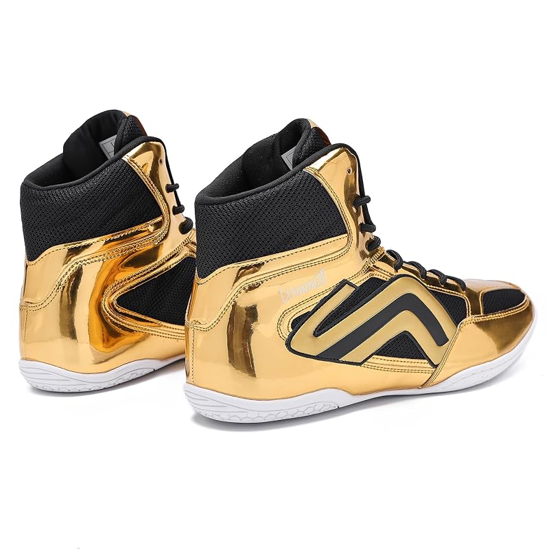 Wrestling/Boxing Shoes for Men - High Top Weightlifting Boots, Lightweight, Non-Slip - Gold 9.5