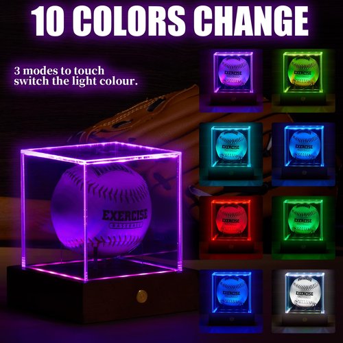 HouseJoy Baseball Display Case with Light, 10 Color LED Baseball Display Stand Wood,UV Protected Clear Cube for Memorabilia Baseball Gifts