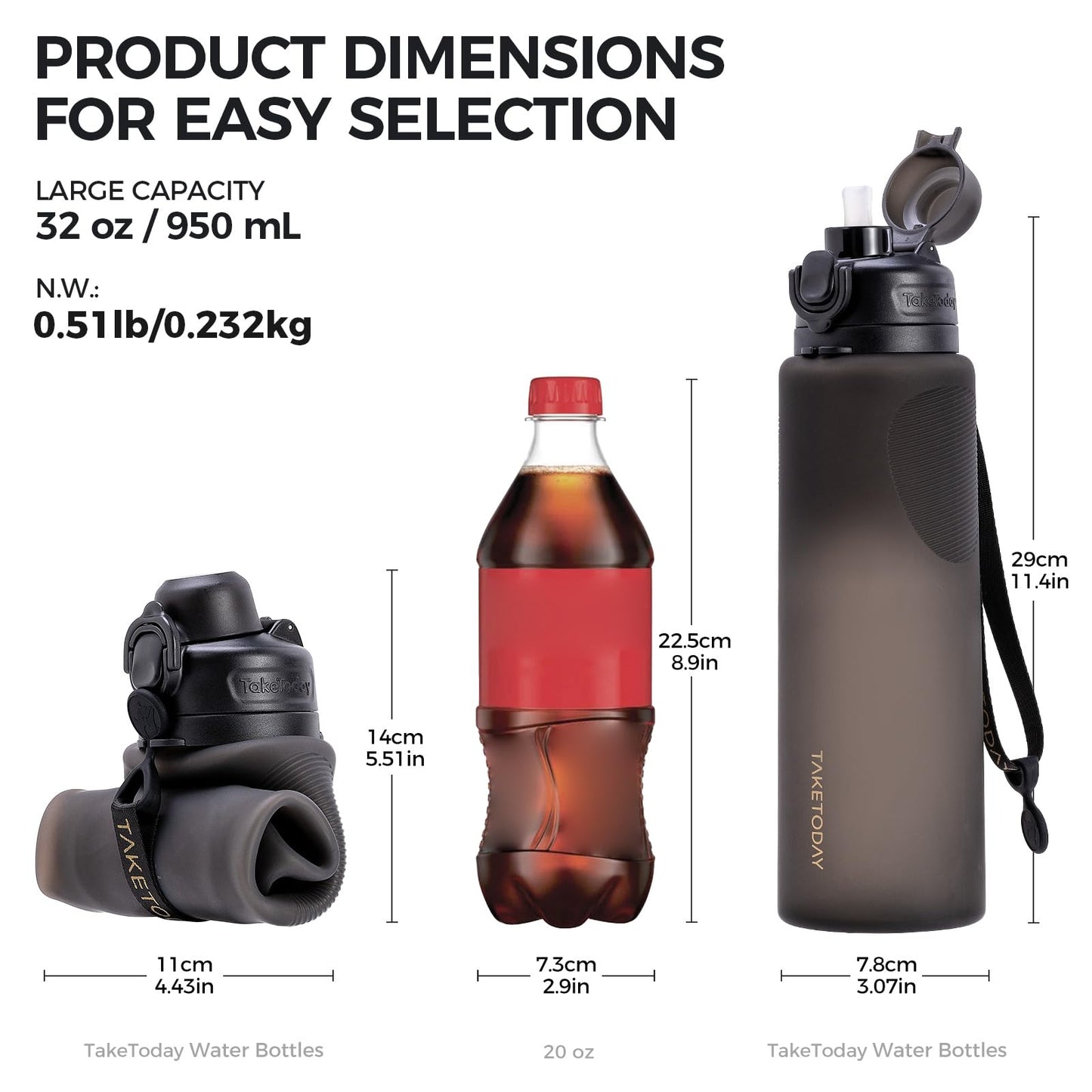 TakeToday Collapsible Water Bottles 32oz, Foldable Travel Bottle, TSA-Approved Leakproof Newly Silicone Water Bottle for Hiking, Travel, Outdoors, Black