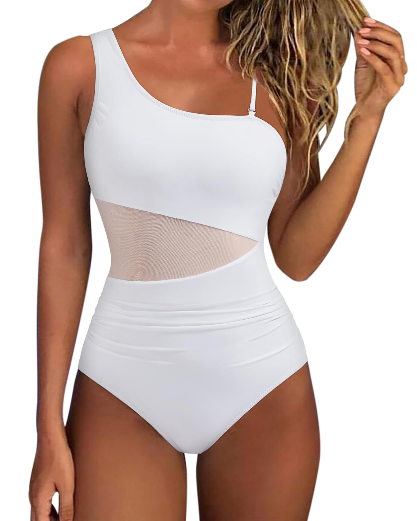 SUUKSESS Women Sexy Mesh One Shoulder One Piece Swimsuit Slimming Tummy Control Bathing Suit Cut Out Monokini Swimwear (White,M)