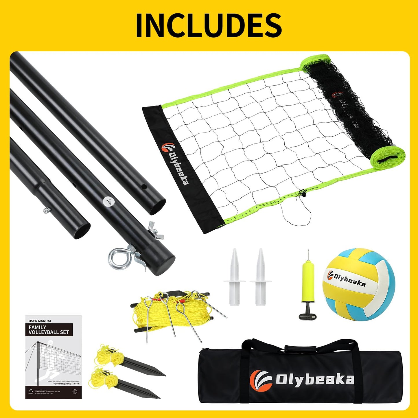 Portable Outdoor Volleyball Net Set for Backyard Beach with Adjustable Poles, Soft PU Volleyball & Pump, Carry Bag and Durable Anti-Sagging Net (Black and Green, 32ft)