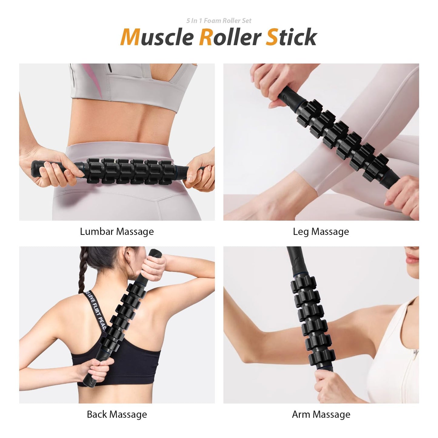 5 in1 Foam Roller Set, Trigger Point Foam Roller, Massage Roller Stick, Massage Ball, Resistance Band for Deep Muscle Massage Pilates Yoga,Fitness Exercise for Whole Body (Black)