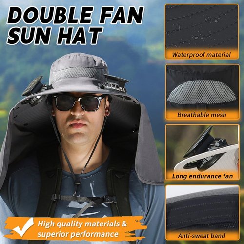 Solar Fan Hat with Neck Flap,Wide Brim Solar Fan Outdoor Fishing Hat,Upf50+ (C)