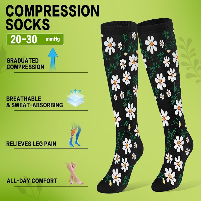 Knee High Compression Socks 20-30 mmHg Unisex Running Travel - Variation A-wflower Large-X-Large