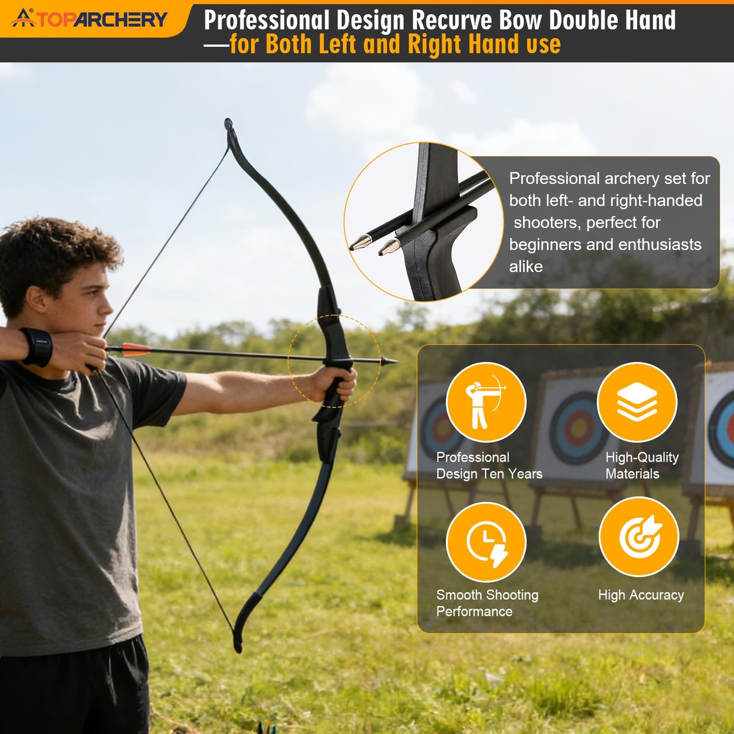 TOPARCHERY Archery 57" Takedown Youth Recurve Bow Hunting Black Long Bow for Beginner Teenagers Right Left Hand Black - Draw Weight 30lbs 40lbs (40)