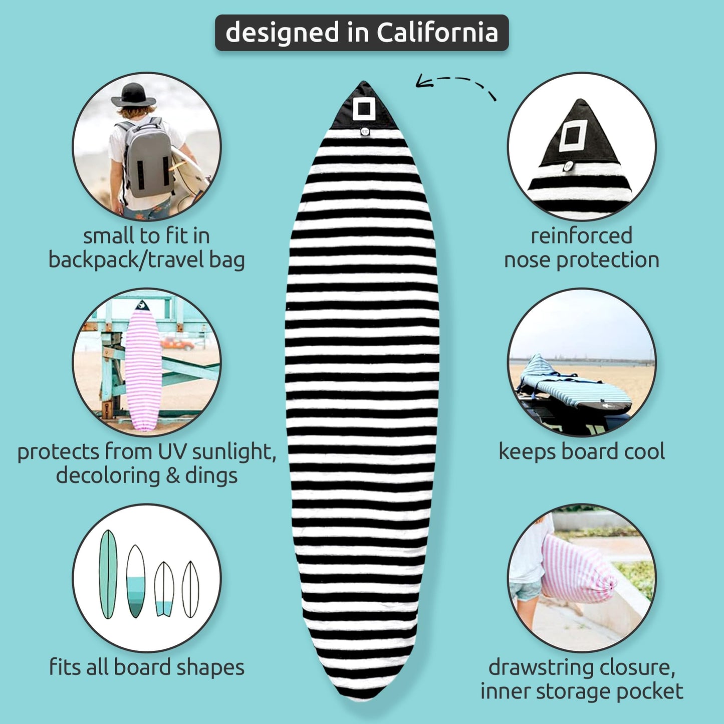PAMGEA Surf Squared 8'2" Longboard Surfboard Sock Cover – Lightweight Stretch SUP & Paddleboard Bag, Protective Sleeve for Shortboard, Longboard, Hybrid, Wakesurf – Surfing Accessory, Black
