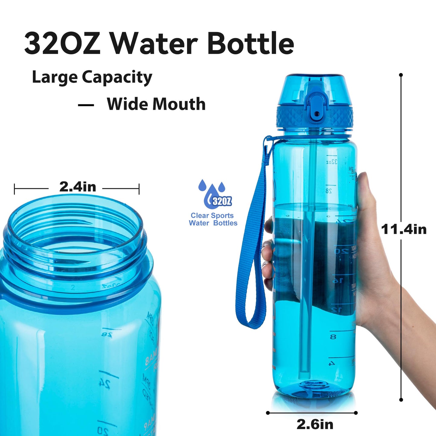 GOPPUS Water Bottle Clear Water Bottles 32oz Motivational with Time Marker Tritan BPA Free Sports Water Bottles Wide Mouth for Gym Travel Home School Office