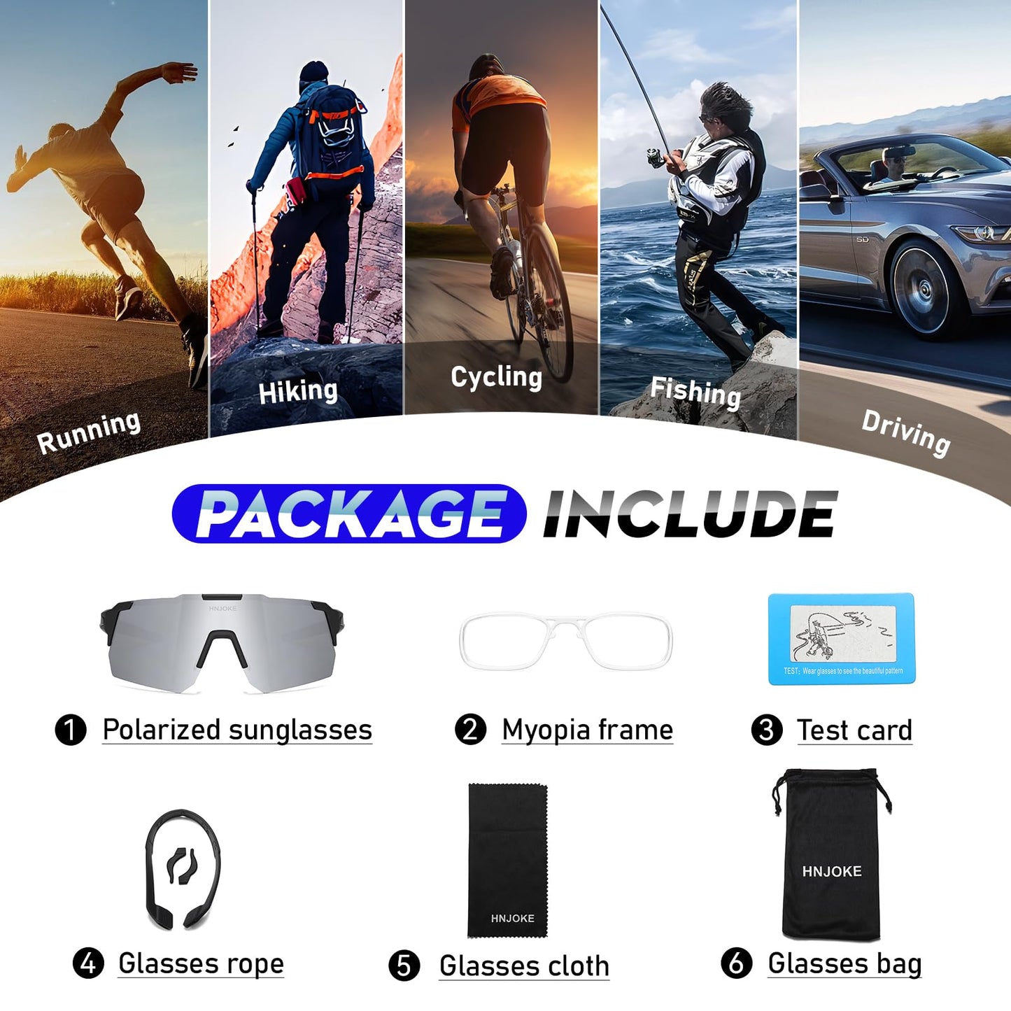 HNJOKE Sports Polarized Sunglasses, UV 400 Protection Sun Glasses Women, Mens Glasses for Cycling Biking Running Hiking Golf Fishing, Black