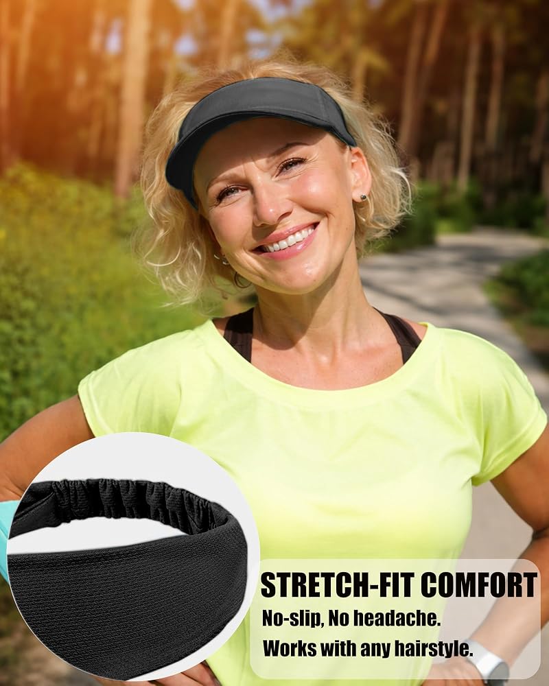 Cooling Stretchy Visor Hat - Sun Protection Headband with Quick-Dry, Black, Medium