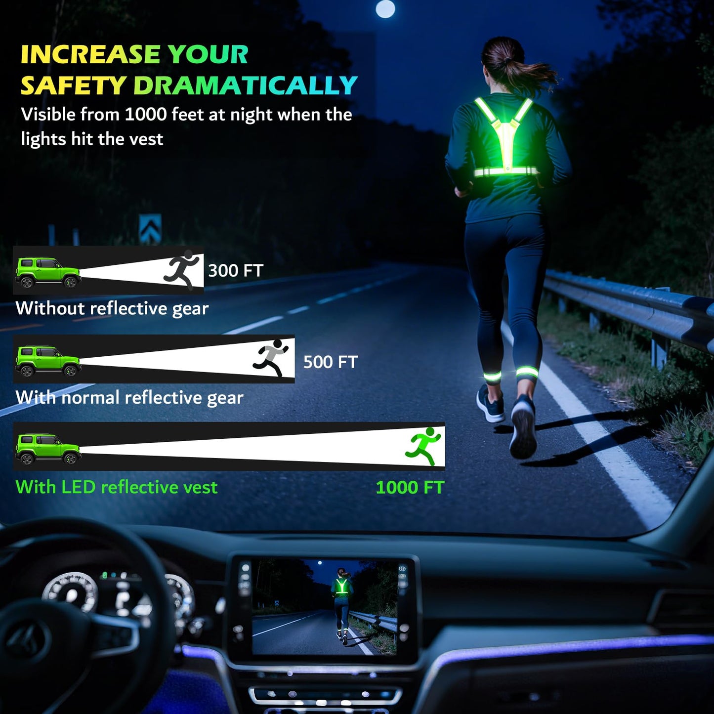 Led Light Up Running Vest Reflective Vest for runners night walking, Rechargeable LED Reflective Running Vest High Visibility with Adjustable Waist/Shoulde, Reflective Armband for Women Men (Green)