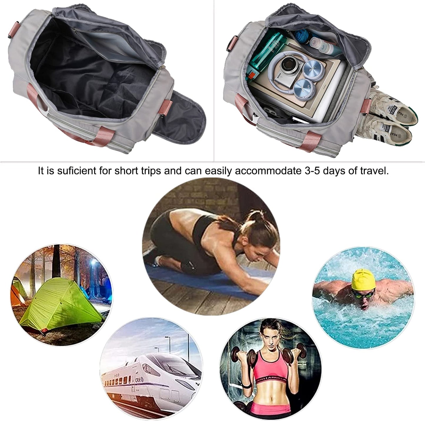 Pink+Toiletry Gym Bag for Women - Foldable Travel Duffel with Wet Pocket & Shoes Compartment, Dance & Overnight Bag, Small Luggage for Women and Man