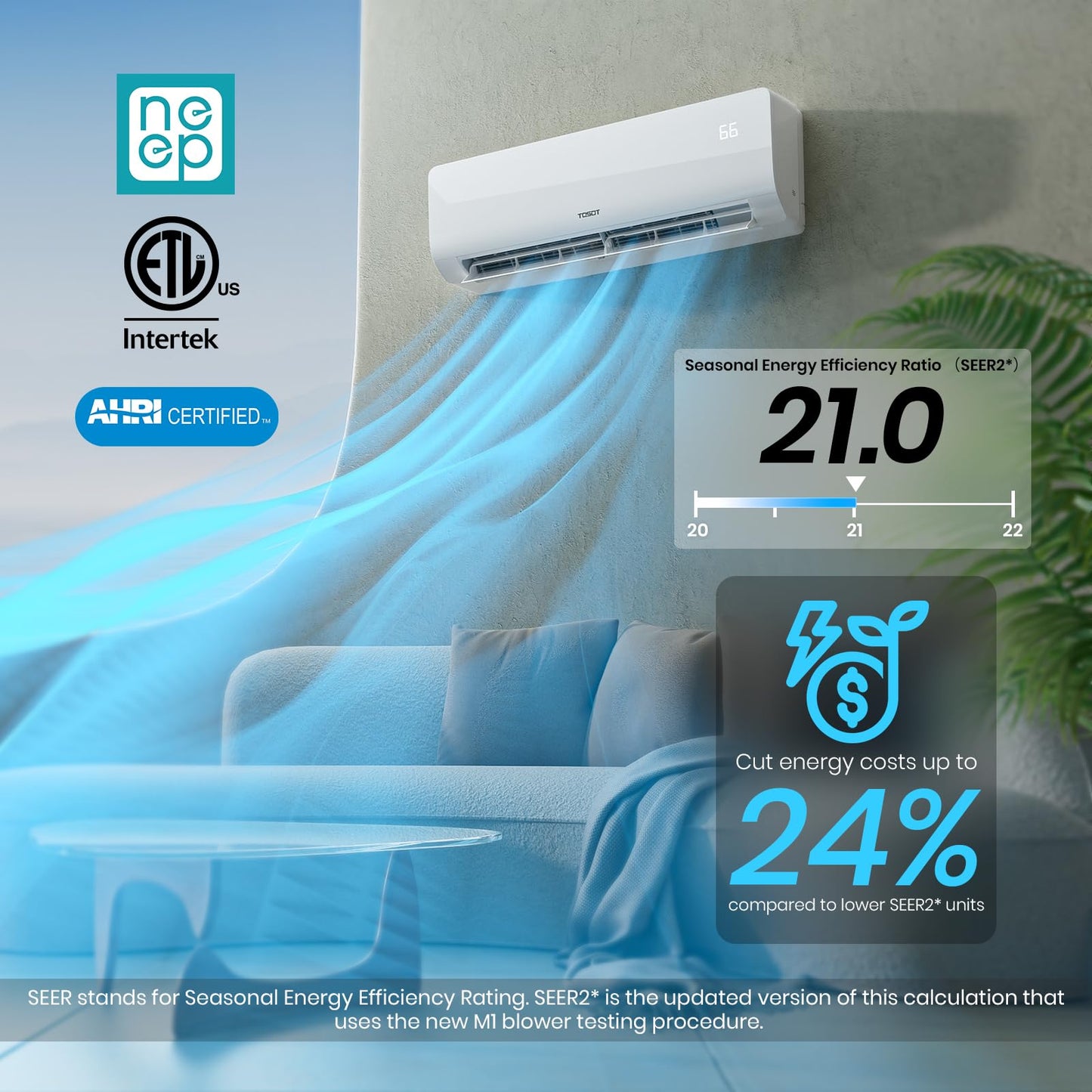 TOSOT 30,000 BTU 3 Zone Mini Split Air Conditioner with Heat Pump, 21 SEER2, 230V, Wifi-Enabled Ductless Inverter Split System with 16.4 ft Copper Line Set, 9,000 + 9,000 + 12,000 BTU, Cosmo Series