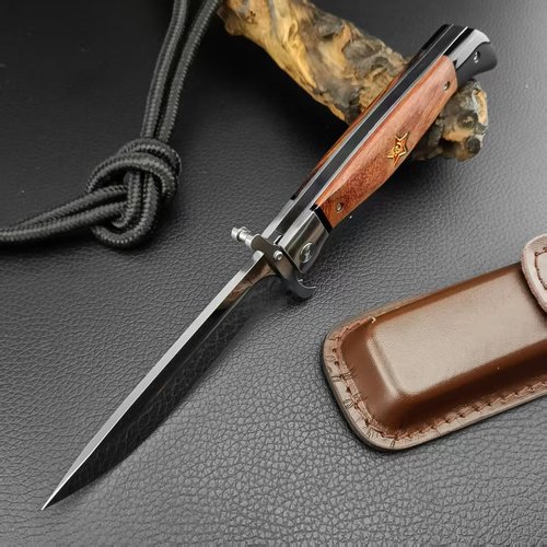 Tongedge Folding knives Tactical Knife, 440C Steel 4'' Blade, Wood Handle, 10.8'' Extended Length, With Leather Sheath