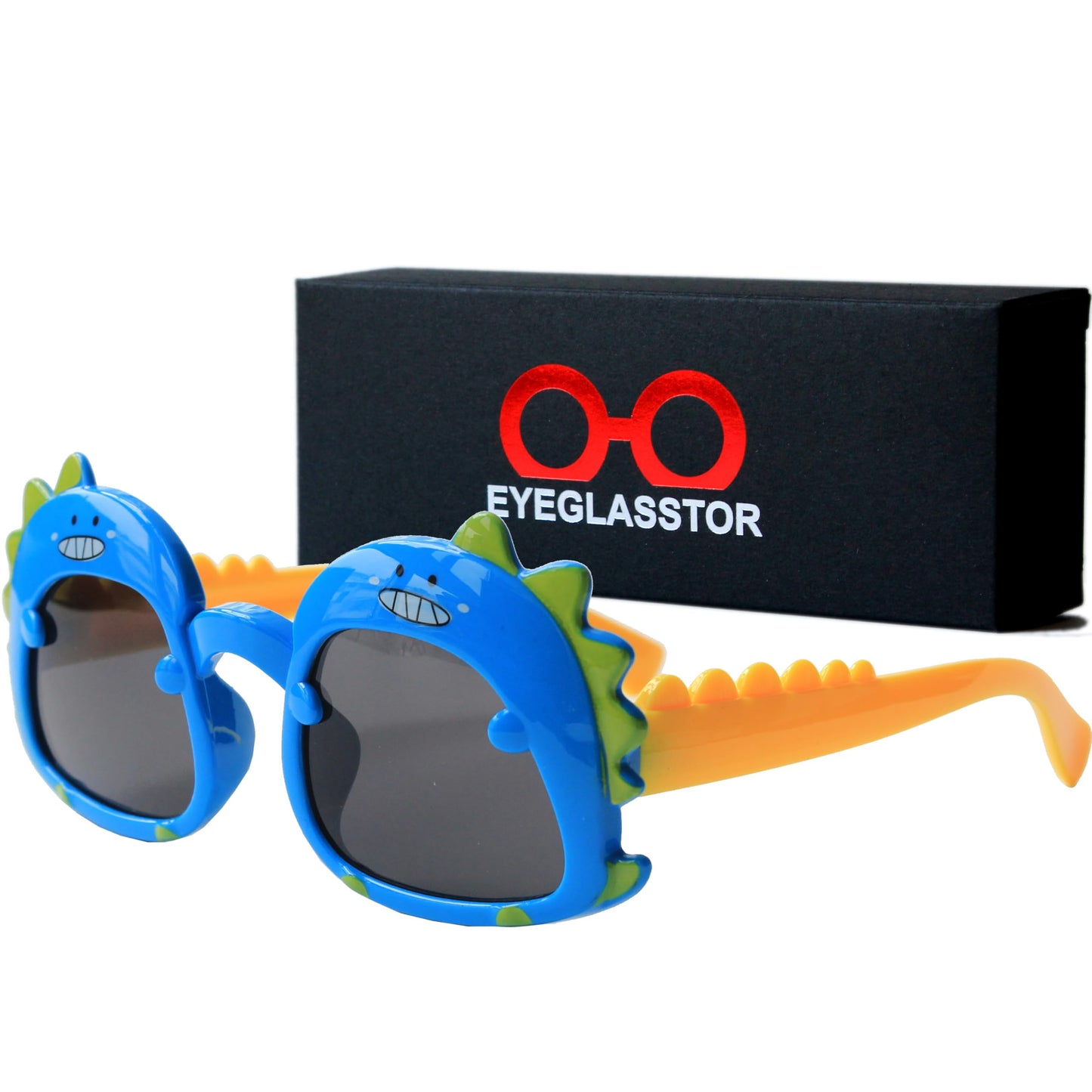 EYEGLASSTOR Dinosaur Cartoon Toddler Sunglasses for Kids Aged 2-6, Blue & Yellow Dark Lenses, UV400 Protection, Secure Fit for Outdoor Play