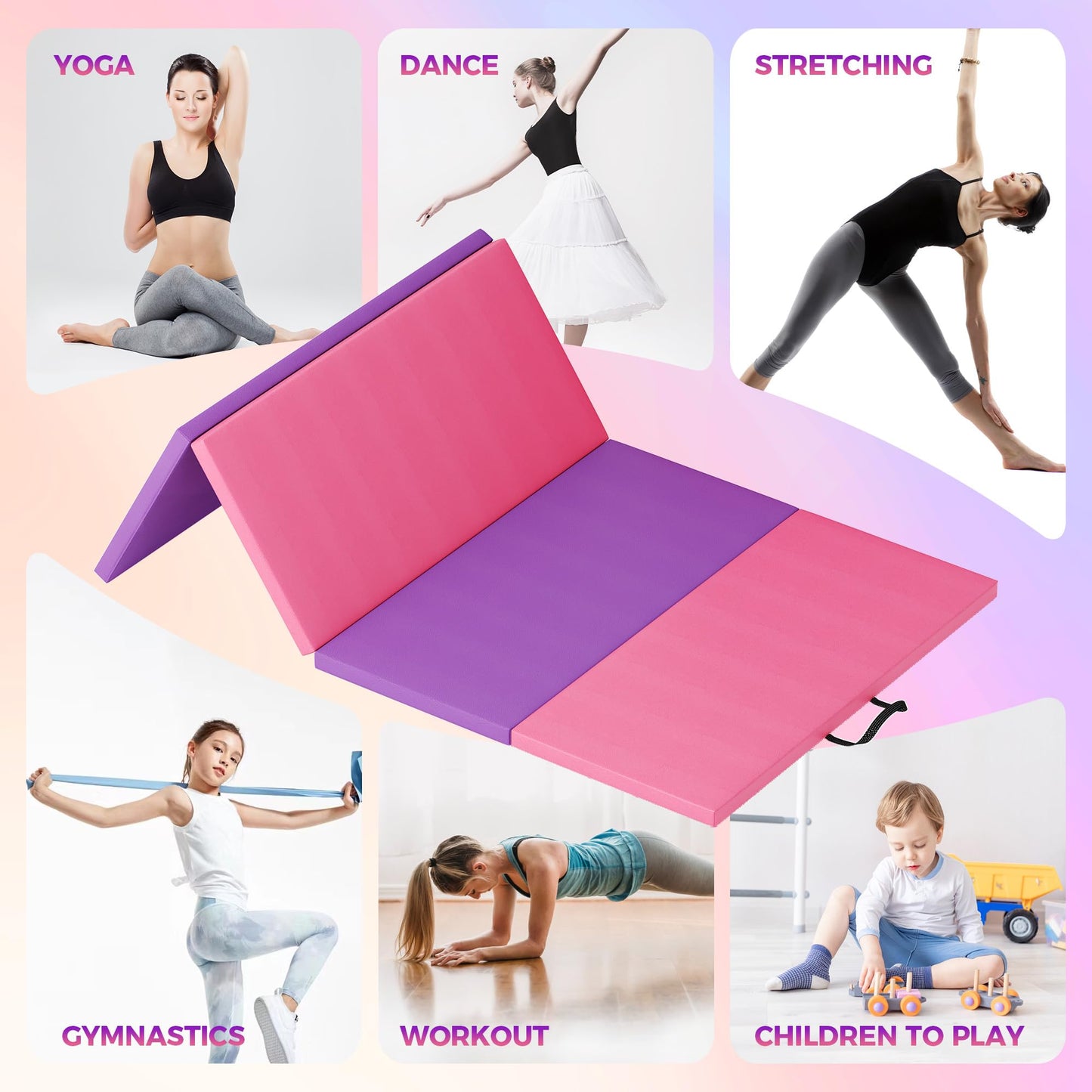 GarveeLife Folding Gymnastics Mat, Exercise Mats & Gymnastics Tumbling Mats, Thick Portable Home Gym Floor Pad for Yoga, Pilates, Aerobics & Martial Arts Training, Four Pads Folding design