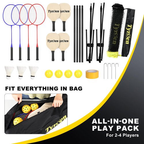 TYRSEN Portable Pickleball Badminton Net Set, 17FT Adjustable Heights All-in-One Net w/4 Pickleball Paddles 4 Badminton Rackets, Freestanding Net for Backyard Family Sports