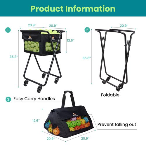TurboStride Tennis Ball Hopper Cart with 4 Wheels – Foldable, Large Capacity Pickleball & Tennis Ball Collector for Court Training & Coaching
