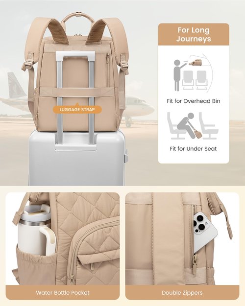 LOVEVOOK Laptop Backpack for Women, Puffer Quilted Computer Bag for Travel Work Business, Casual Daypack for Teacher Nurse,15.6 Inch, Khaki