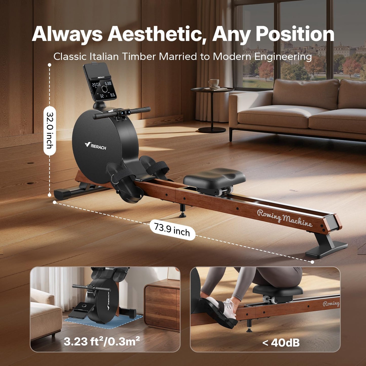 MERACH Pro-Grade Rowing Machines for Home, Smart Magnetic Rowing Machine with Self-Generation, Double Resistance and 400 LBS MAX Load, Wooden Tracks for Silent Sliding