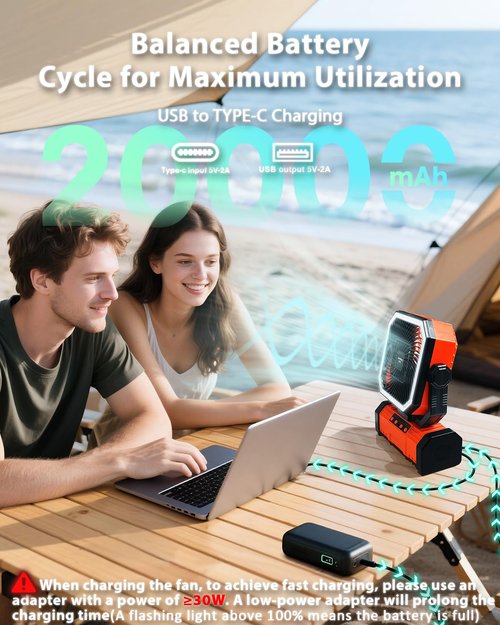 Super RGB 20000mAh Portable Camping Fan W/Bluetooth Speaker, Rechargeable Battery Operated Oscillating Camp Tent Fan W/Remote control, 4 Speeds, LED lights & 360° Rotation Hook for Outdoor RV Travel