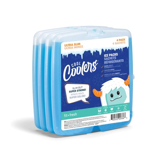 Cool Coolers by Fit + Fresh, 4 Pack Slim Ice Packs, Space Saving Reusable Ice Packs for Lunch Boxes or Coolers, Blue, Single Pack