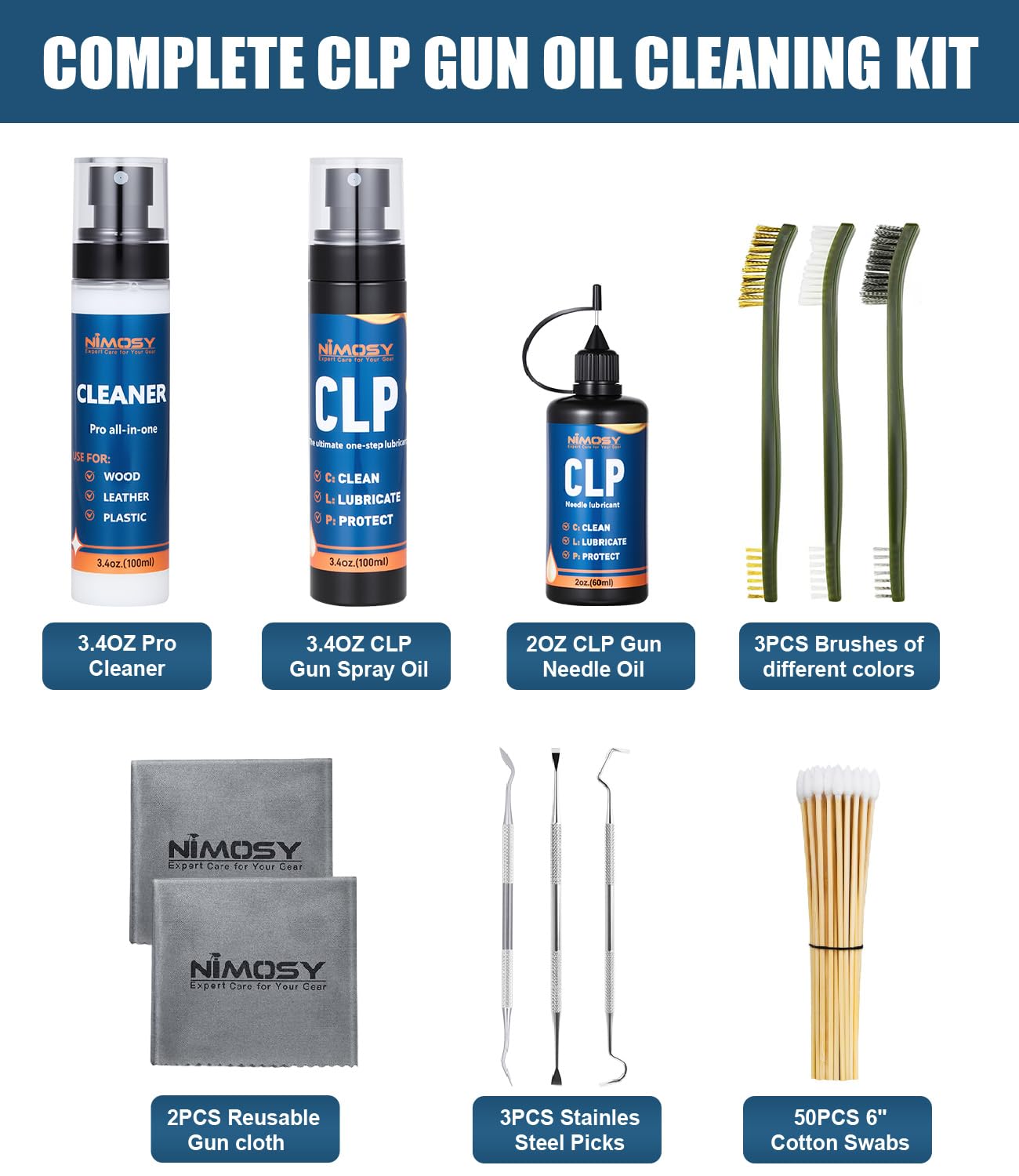 NIMOSY CLP Gun Cleaning Oil kit-Includes Pro Cleaner, CLP Lubricant, Brushes, Picks Swabs and Cloth, Complete Gun Cleaner and Oil Supplies for Rifle Pistol Firearm Maintenance,Gifts for Men