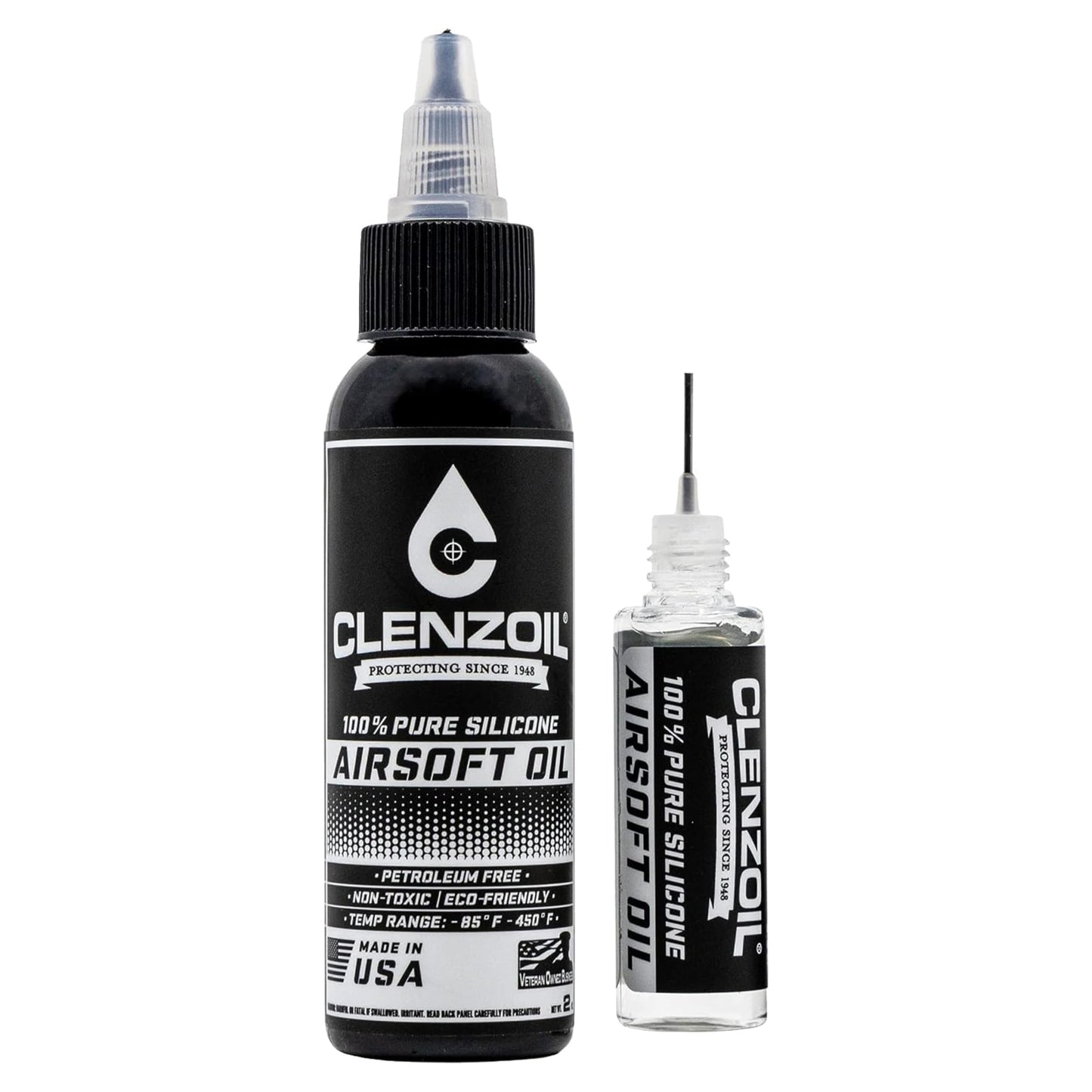 Clenzoil Airsoft & Air Gun Oil - 2 oz Combo Airsoft Oil - for Air Rifles & Airsoft Pistols - Pure Silicone Oil for Gun Lubrication - Made in The USA - 2 oz Bottle & 0.5 oz Needle Oiler Combo Pack