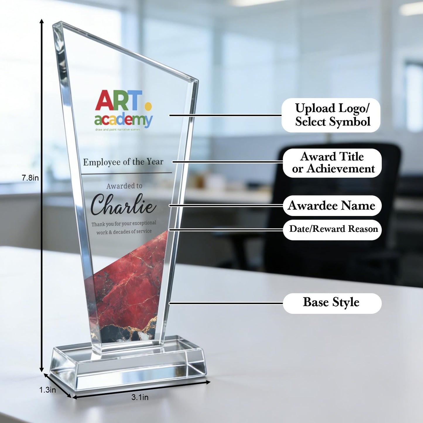 Custom Acrylic Award Trophy Personalized with Logo & Employee Name