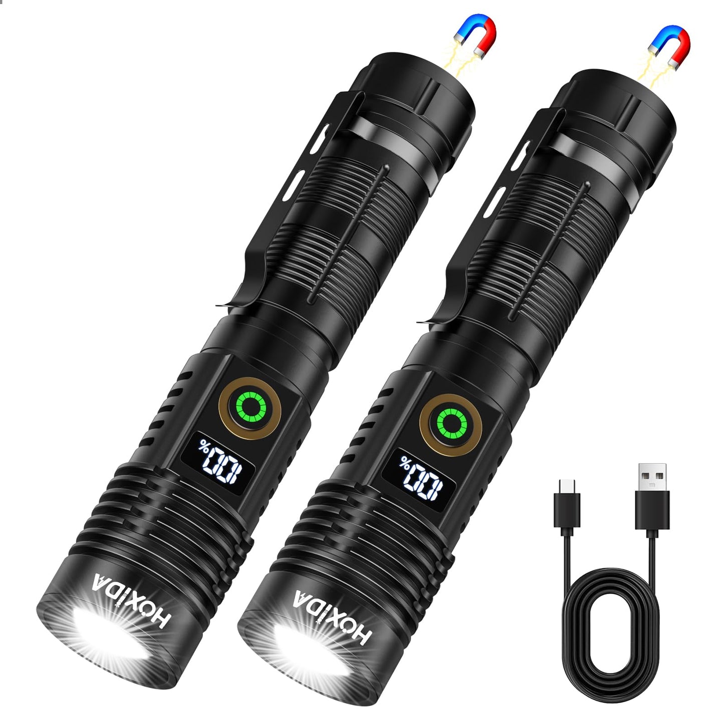 Hoxida Rechargeable Flashlights 2 Pack, 6 Modes Zoomable Powerful Tactical Linternas with LCD Digital Display, Super Bright High Lumens Handheld Magnetic Flashlights for Home Emergencies Camping