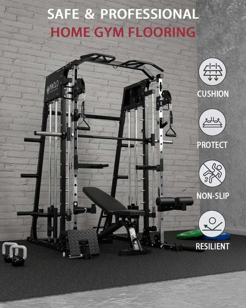 Mikolo 0.56 Inch Thick Gym Flooring for Home Gym, 12 Tiles Exercise Equipment Mats with EVA Foam and Rubber Top, Interlocking Puzzle Rubber Gym Flooring, Protective Flooring Mat, 24 x 24 in-48 Sq Ft