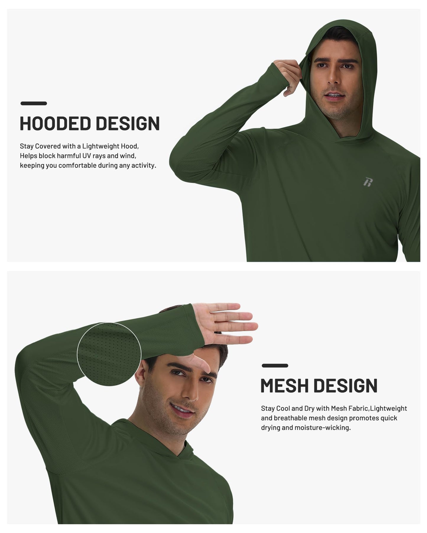 Runhit UPF 50+ Fishing Shirts for Men Long Sleeve UV Sun Protection Hoodie Outdoor Workout Hiking Running Rash Guard Lightweight Quick Dry Dark Green L