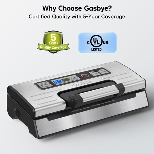 Gasbye Vacuum Sealer Machine, 95kPa Food Sealer with Double Heat Seal for Dry/Moist Food, Easy-lock Handle, Built-in Bag Storage & Cutter, Progress Display, Removable Drip Tray, Silver