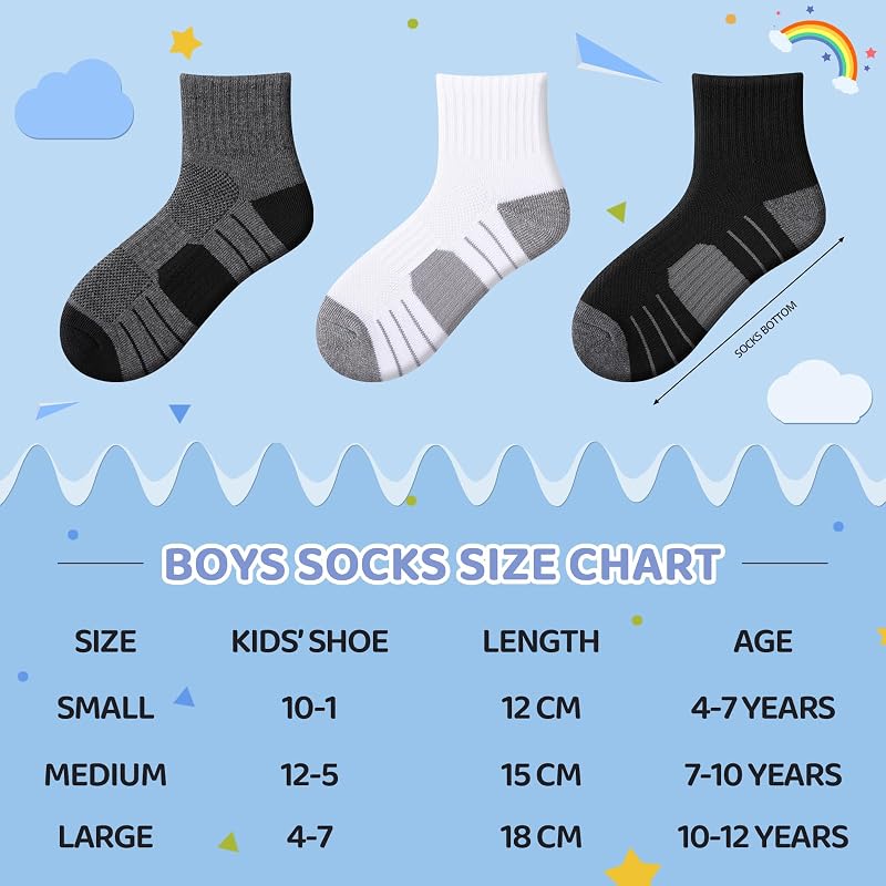 12 Pairs Boys Athletic Socks Cushioned Quarter Crew with Arch Support – Var: 12 Pairs Black, 7-10 Years