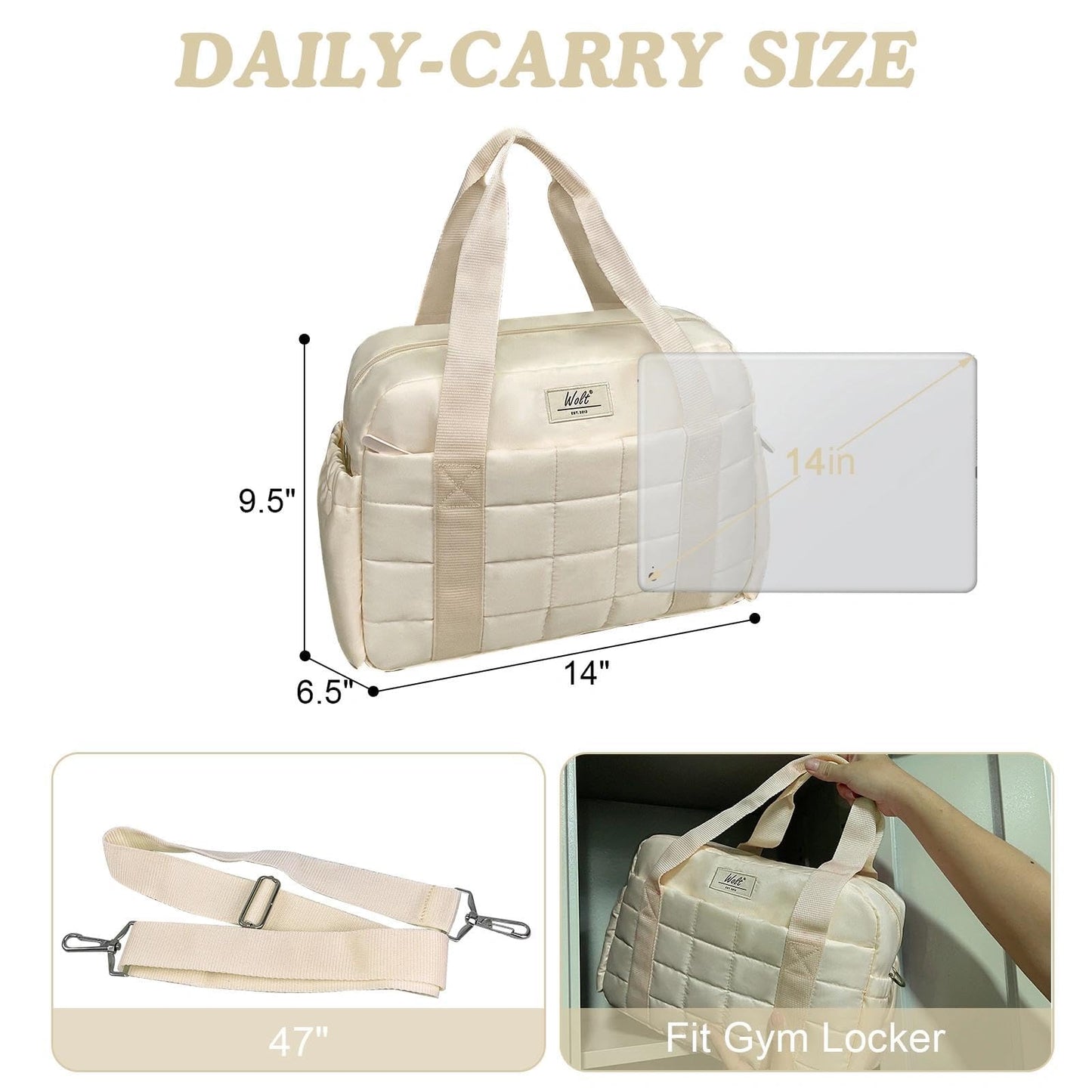 WOLT Small Gym Bag for Women, 14 inch Lightweight Gym Duffle Bag with Wet Compartment Quilted Tote for Sports Workout, Beige