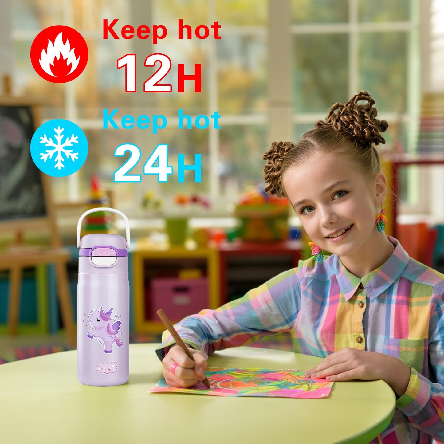 Water Bottle for Kids，Insulated Bottle with Straw, Vacuum Insulated Water Bottle for Boys&Girls, Leak-proof Insulated Tumbler（Purple, Unicorn）