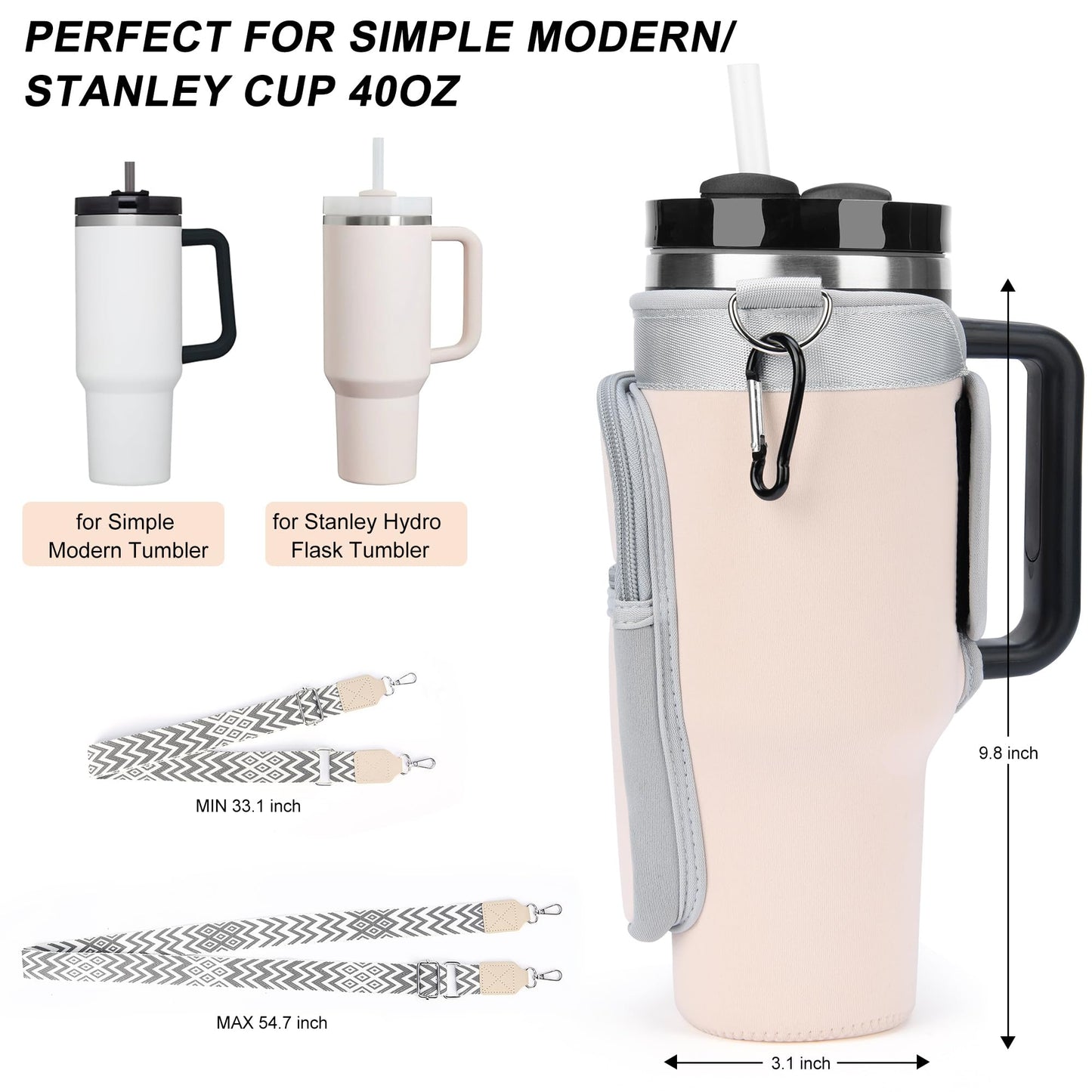 Water Bottle Carrier Bag with Canvas Shoulder Strap for Stanley 40 oz Tumbler with Handle, Water Bottle Holder Pouch with 6.7'' Phone Pocket for Stanley Cup Accessories, Birthday Gifts for Men Women