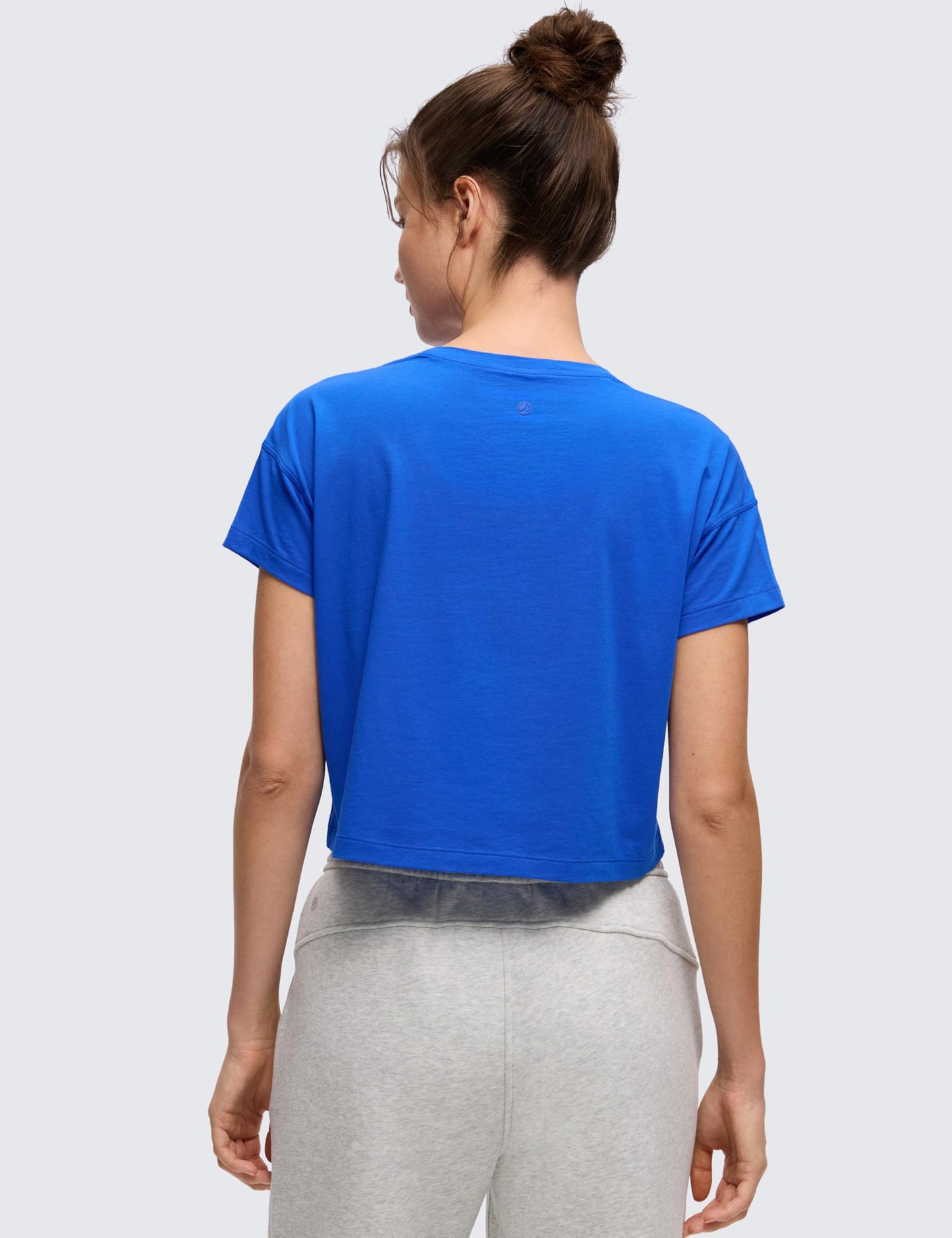 CRZ YOGA Women's Pima Cotton Workout Short Sleeve Shirts Loose Athletic Crop Tops Gym Casual Cropped T-Shirt Strong Blue Small