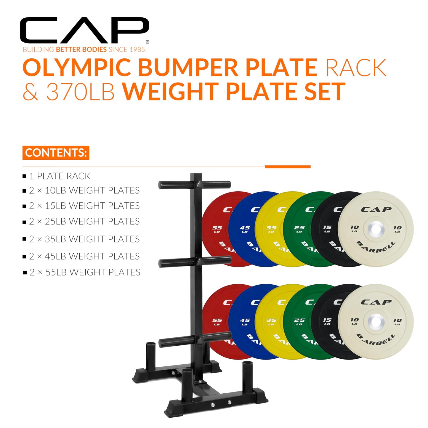 CAP 370 lb Competition Olympic Bumper Plate Set with Storage Rack, Color-Coded 2-Inch Olympic Plates, Low Bounce Virgin Rubber Weight Plates with Steel Hub, 6 Weight Posts & 4 Barbell Holders for Weightlifting, Strength Training & Home Gym Workouts