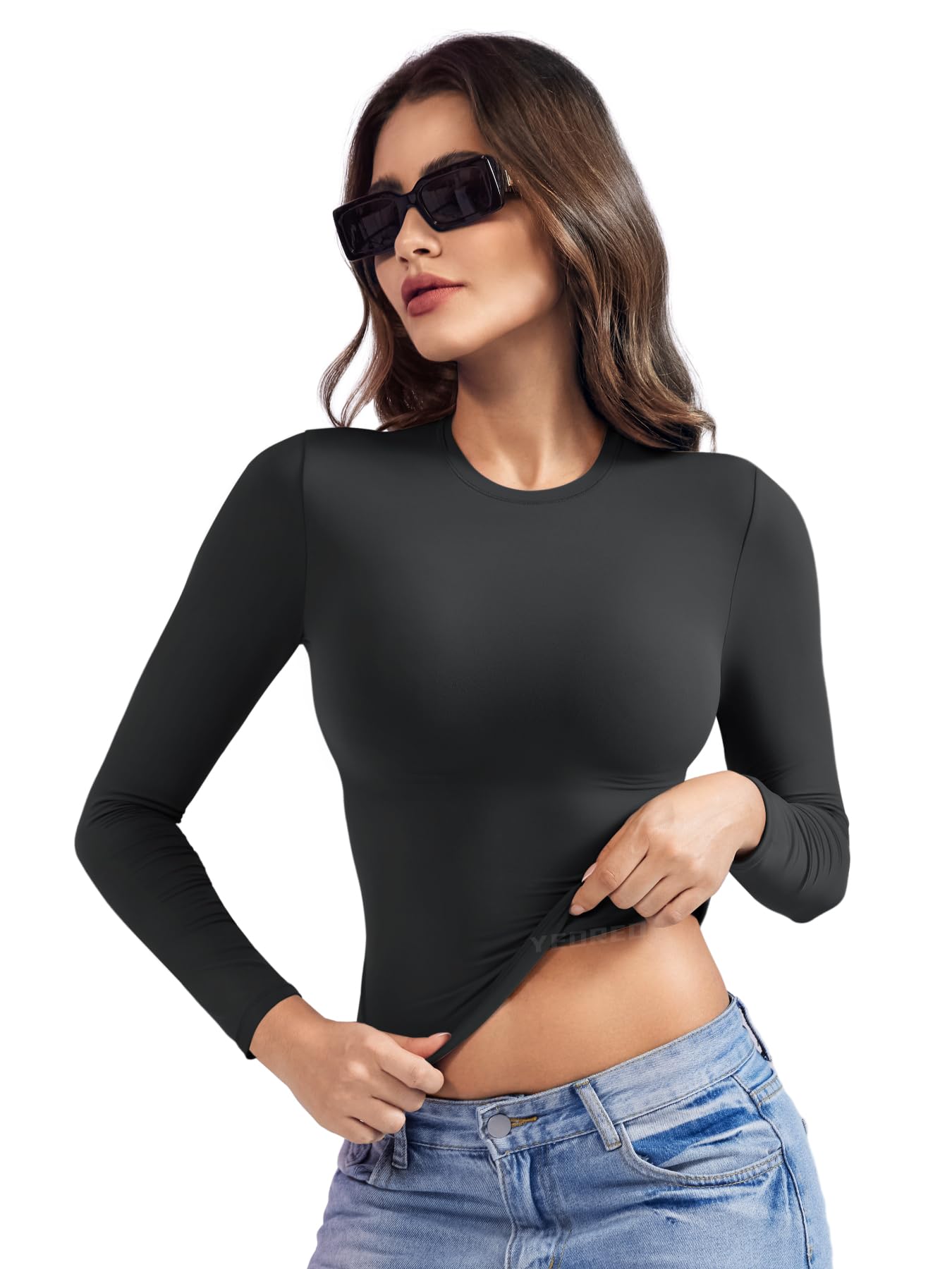 YEOREO Long Sleeve Shirts for Women y2k Tops Double Lined Basic Tee Crew Neck Going Out Sweeney Workout Undershirt Black L