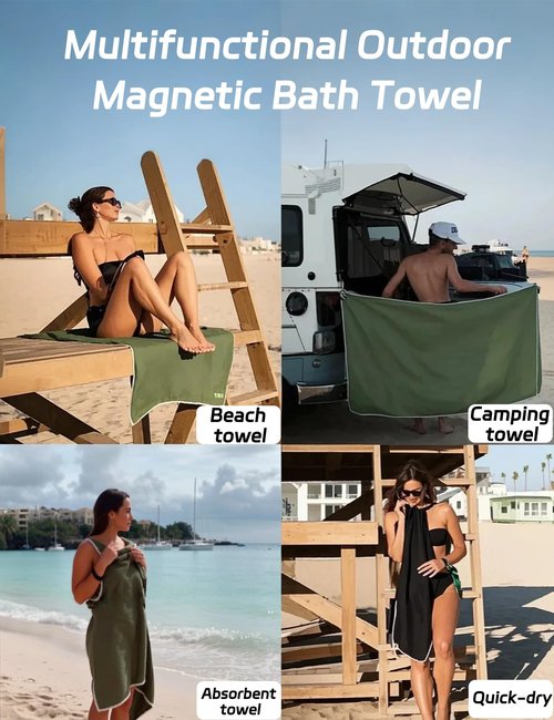 ZGXZQ Magnetic Bath Towel Oversized Quick-Dry Microfiber Towel with Magnetic Closure, Super Absorbent & Sand-Resistant for Beach, Pool, Travel, Gym & Camping 75"x30" (Gray)
