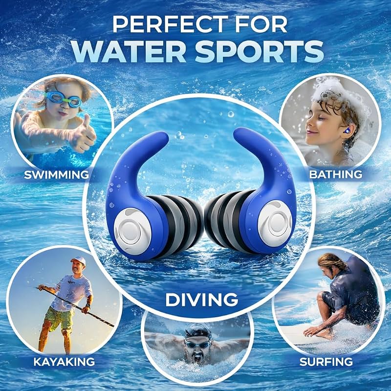 Waterproof Ear Plugs for Adults and Kids - 3 Pairs, Soft Silicone, Left/Right Indicator, Carry Case - Black, Gray, Blue