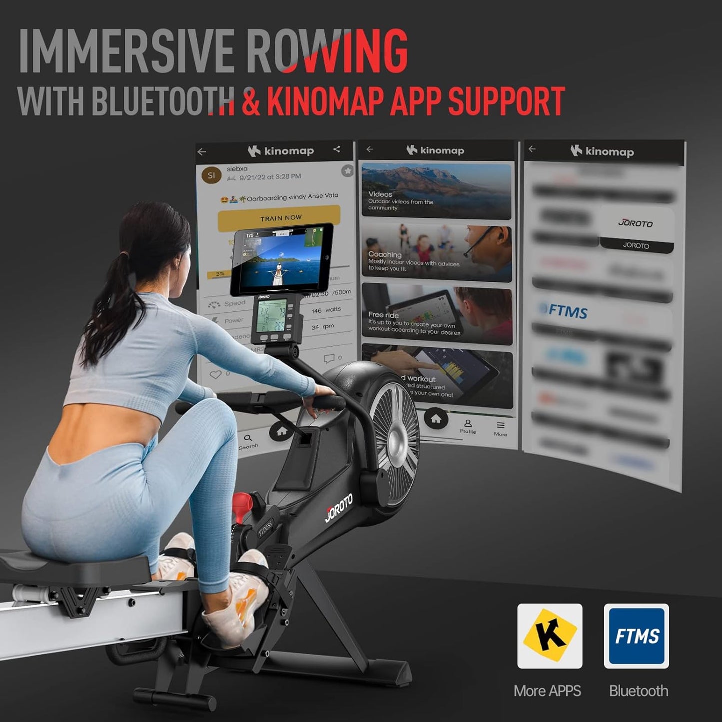 JOROTO Rowing Machine for Home Foldable, Air Magnetic Rowing Machines with 10-Level Adjustable Resistance, Quiet Ergonomic Seat，Bluetooth App, Max 350LBS, Space-Saving Home Gym, Gray