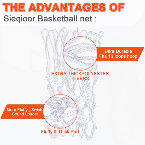 [2 Packs] Sieqioor Professional Basketball Net Replacement Heavy Duty, Durable Basketball Nets in All Weather Anti Whip, Fits Standard Indoor Outdoor Rims 12 Loops (White) with Basketball net Bag