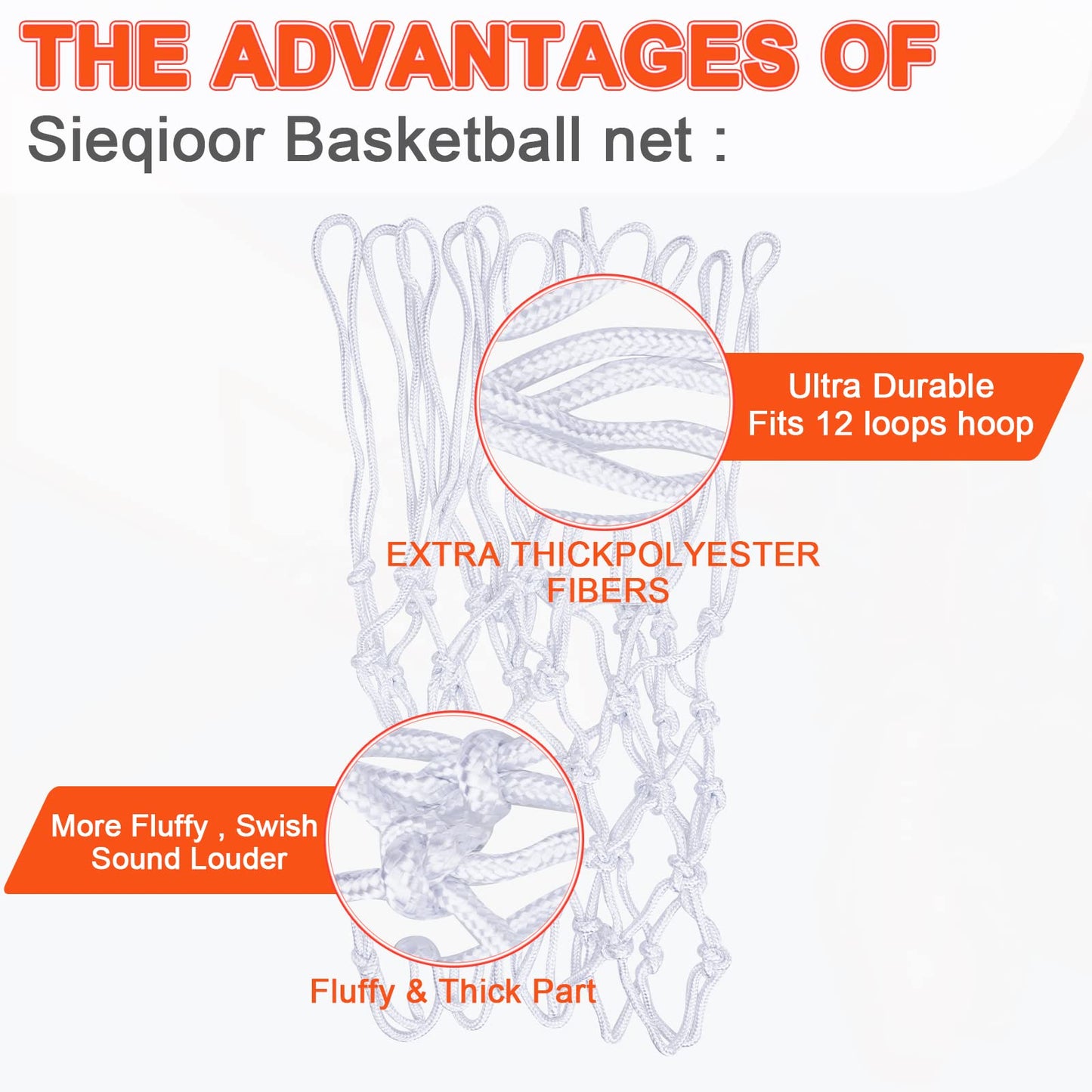 [2 Packs] Sieqioor Professional Basketball Net Replacement Heavy Duty, Durable Basketball Nets in All Weather Anti Whip, Fits Standard Indoor Outdoor Rims 12 Loops (White) with Basketball net Bag
