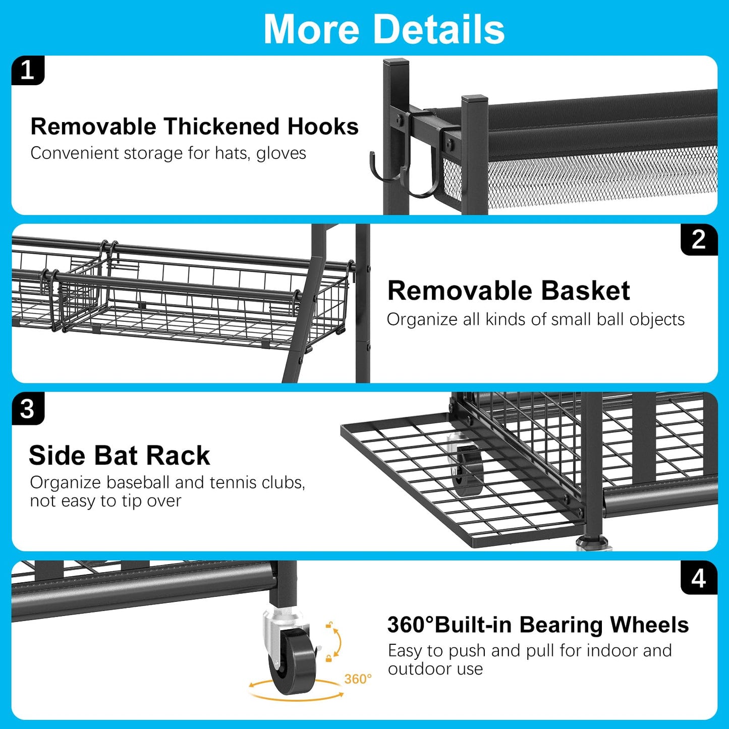 Jsskeeim Garage Sports Equipment Organizer,Sports Ball Organizer with Wheels,Mesh Pocket, Basket,Ball Organizer with Baseball Bat Rack and HooksToy Storage Rolling Cart-Black