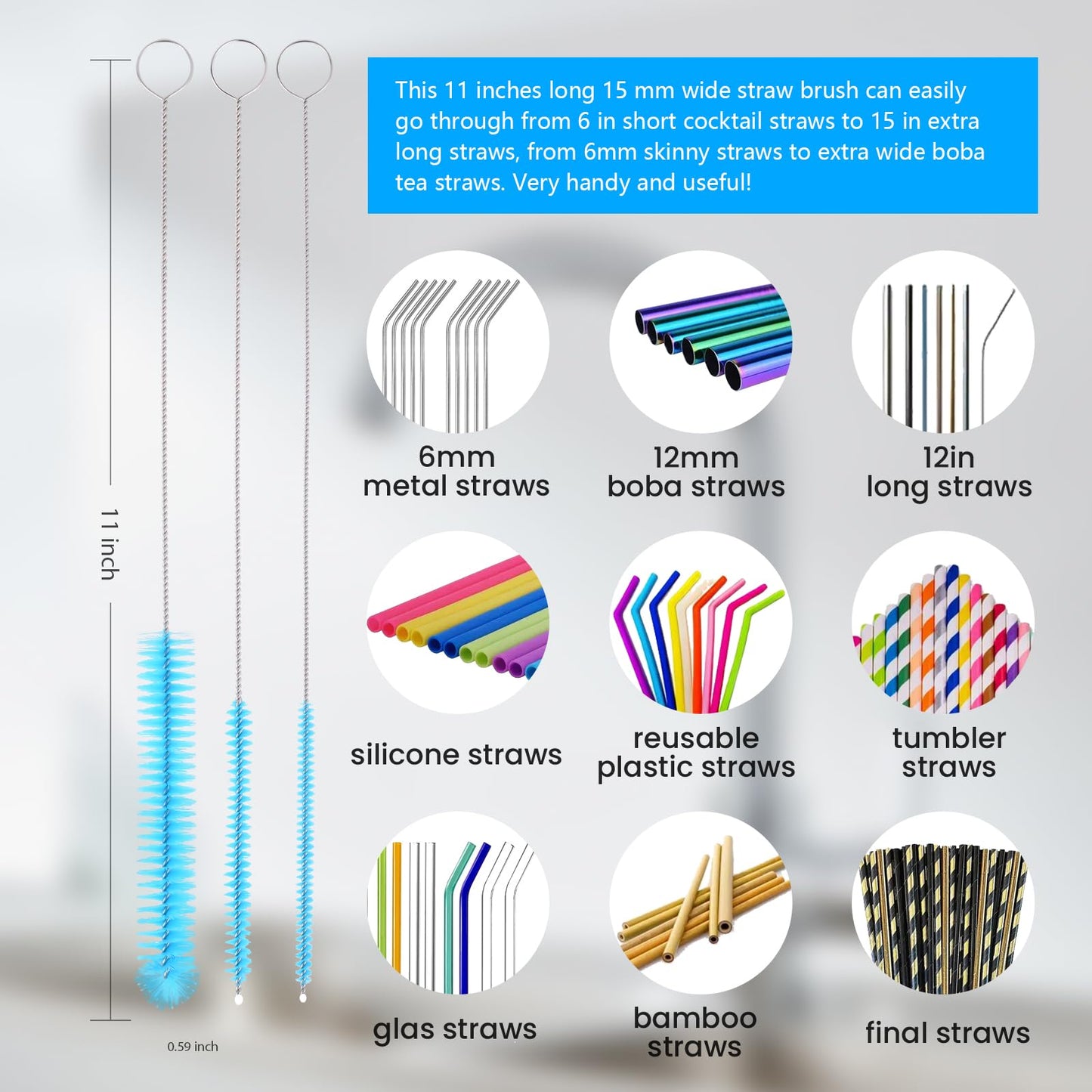 5 Pack Bottle Brush, Straw Cleaner Brush & Water Bottle Brush,15 in Stainless Steel Brush, Narrow Bottle Brush, 3 Straw Brushes, for Water Bottle, Coffee Mugs, Flasks, Glasses, Tumblers, Blue