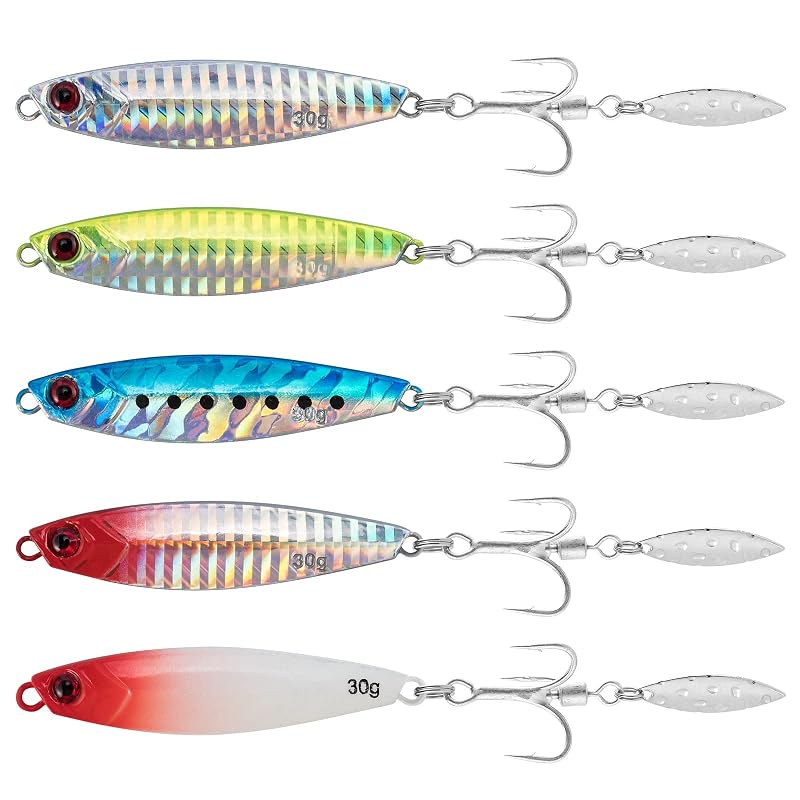 Dr.Fish 1oz Jigging Spoon - Saltwater/Freshwater Metal Lure with 360° Blade & Treble Hook (Variation: 1oz-Hook 4#)